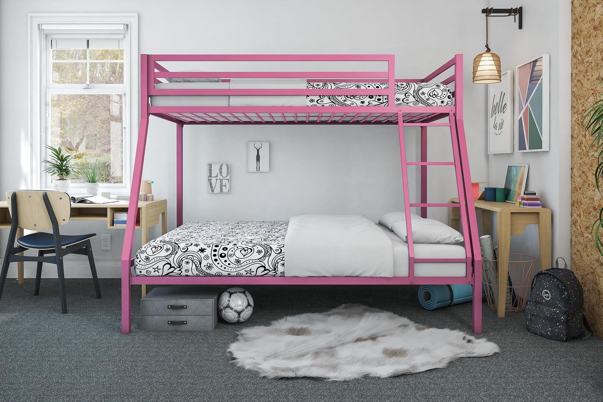 Mainstays Premium Twin over Full Metal Bunk Bed, Pink