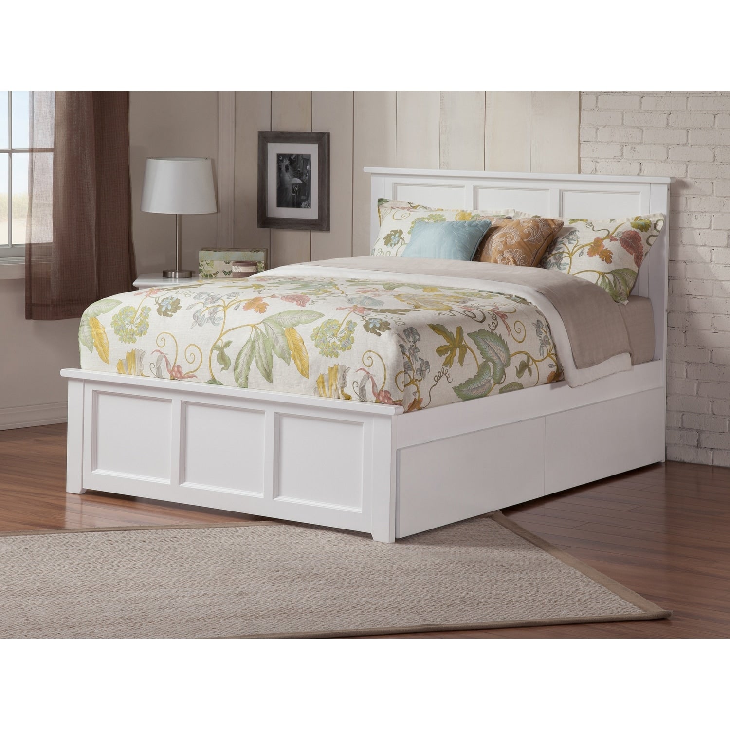 Atlantic Furniture Madison Queen Platform Bed with Matching Foot Board with 2 Urban Bed Drawers in White