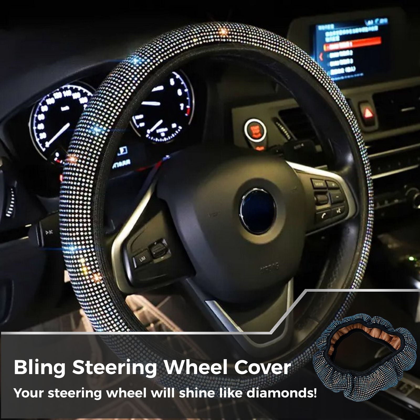 Steering Wheel Cover Glitter, Crystal Diamond Steering Wheel Cover for Women Girls, Decorative Bling Rhinestone Protector Cover for 14.17-15.35inch Steering Wheels