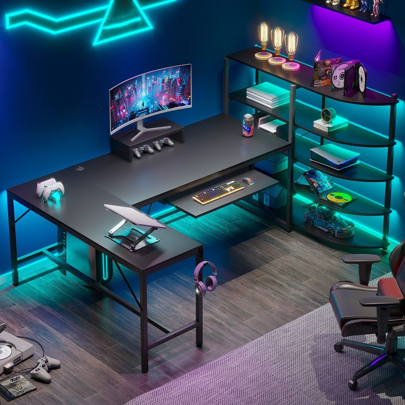 L Shaped Computer Desk, 63'' Corner Gaming Desk with LED Lights, Black Finish