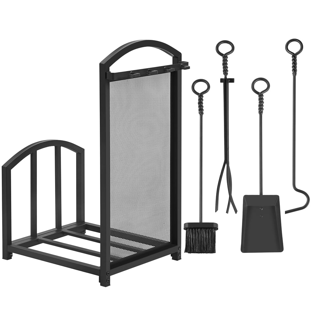 Topeakmart Firewood Rack Firewood Log Holder Rack Fireplace Tool Rack with 4 Tools, Black