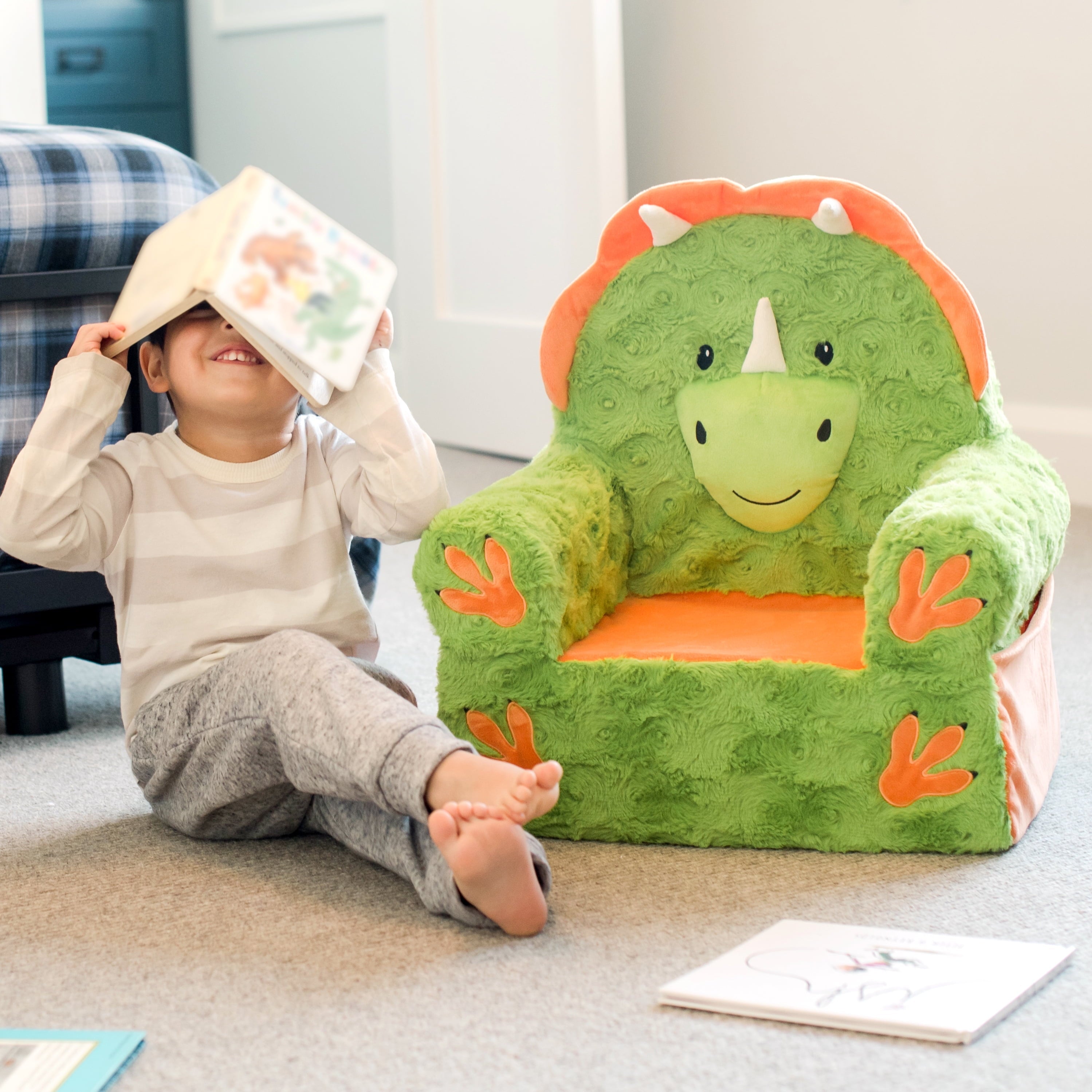 Soft Landing Sweet Seats, Premium and Comfy Toddler Lounge Chair with Carrying Handle & Side Pockets – Polyester, Green Dino