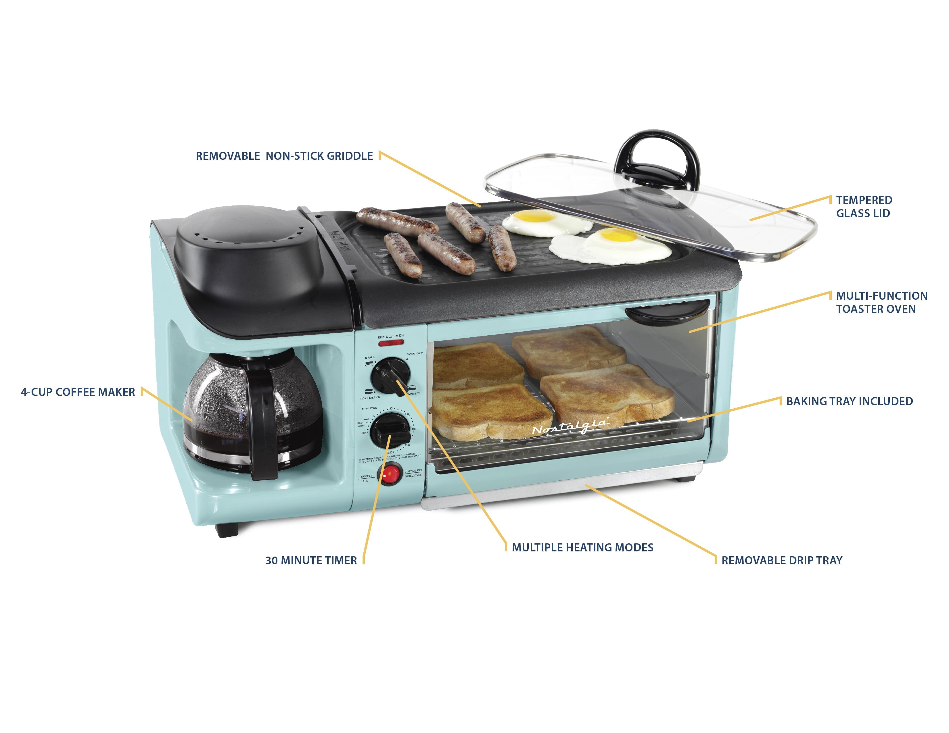 BST3AQ Retro 3-in-1 Family Size Electric Breakfast Station, Coffeemaker, Griddle, Toaster Oven - Aqua