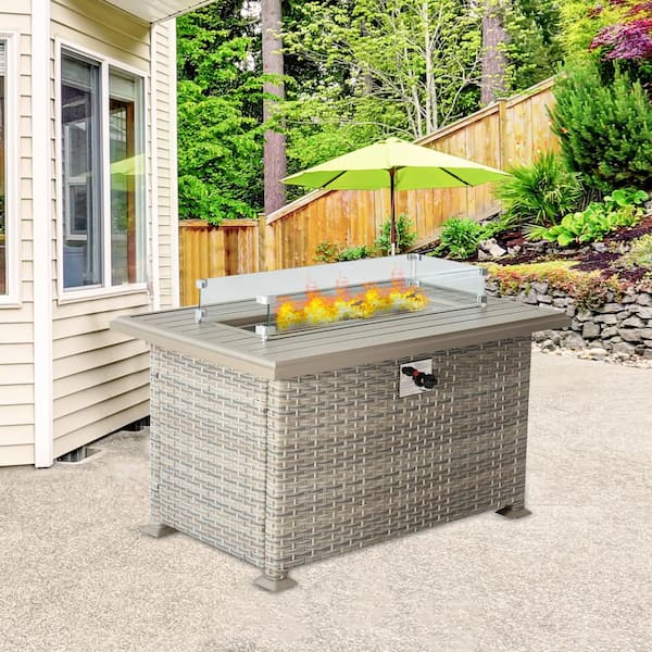 43.3 in. W Beige Brown Wicker Gas Fire Table Patio Propane Aluminium Rectangle Gas Fire Pit with Glass Wind Guard