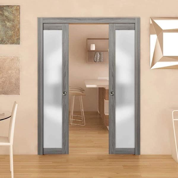 60 in. x 80 in. 1-Panel Grey Finished Solid Wood Sliding Door with Pocket Hardware