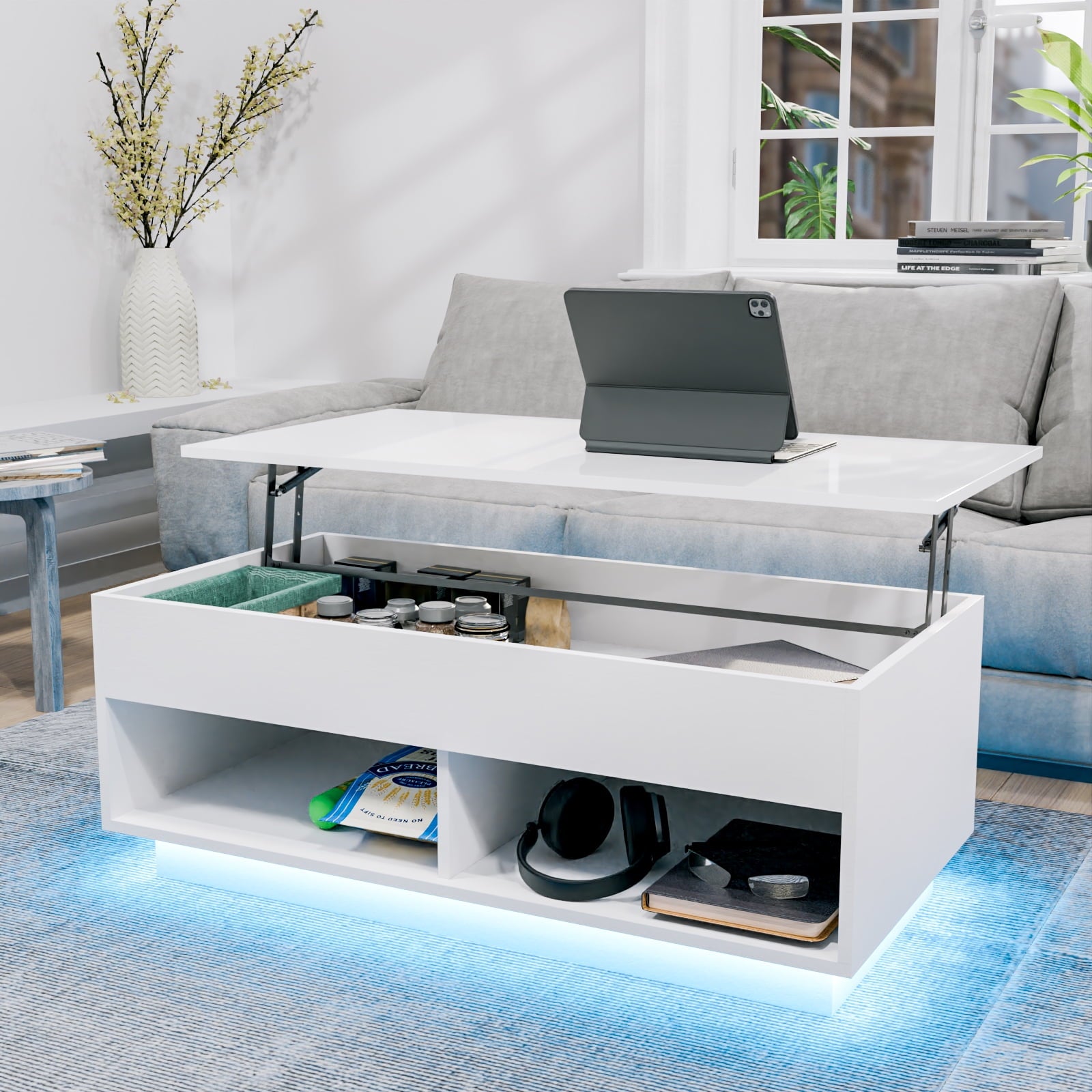 Hommpa Lift Top Coffee Table with Hidden Compartment High Gloss LED Coffee Tables Center Rising Cocktail Table for Living Room Accent Furniture White Finish