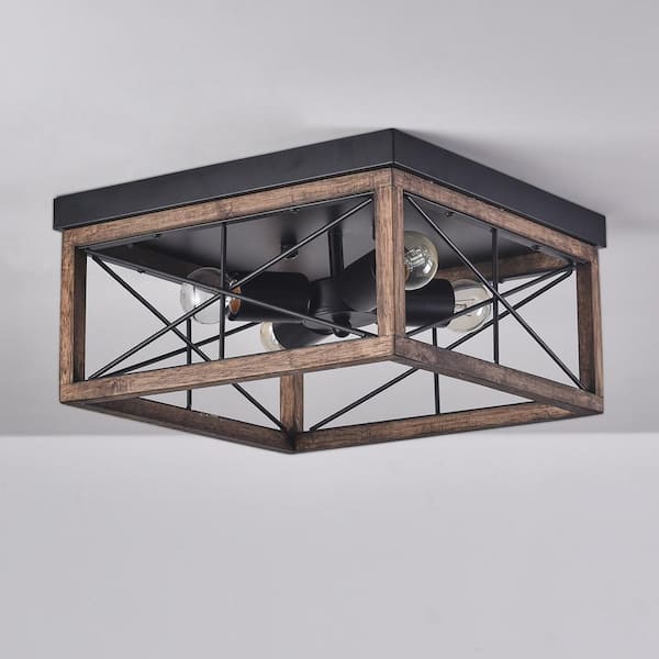 12.6 in. 4-Light Farmhouse Rustic Square Wooden Flush Mount Ceiling
