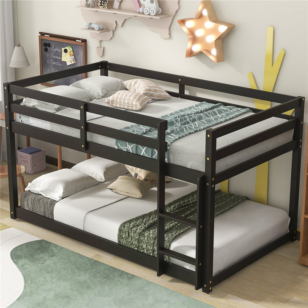 SEGMART Wood Twin Over Twin Floor Bunk Bed for Kids, Low Floor Bunk Bed with Safety Rail, Ladder, 400lbs Heavy Duty Bunk Beds for Boys Girls, Space-Saving Bedroom Dorm Furniture, Espresso