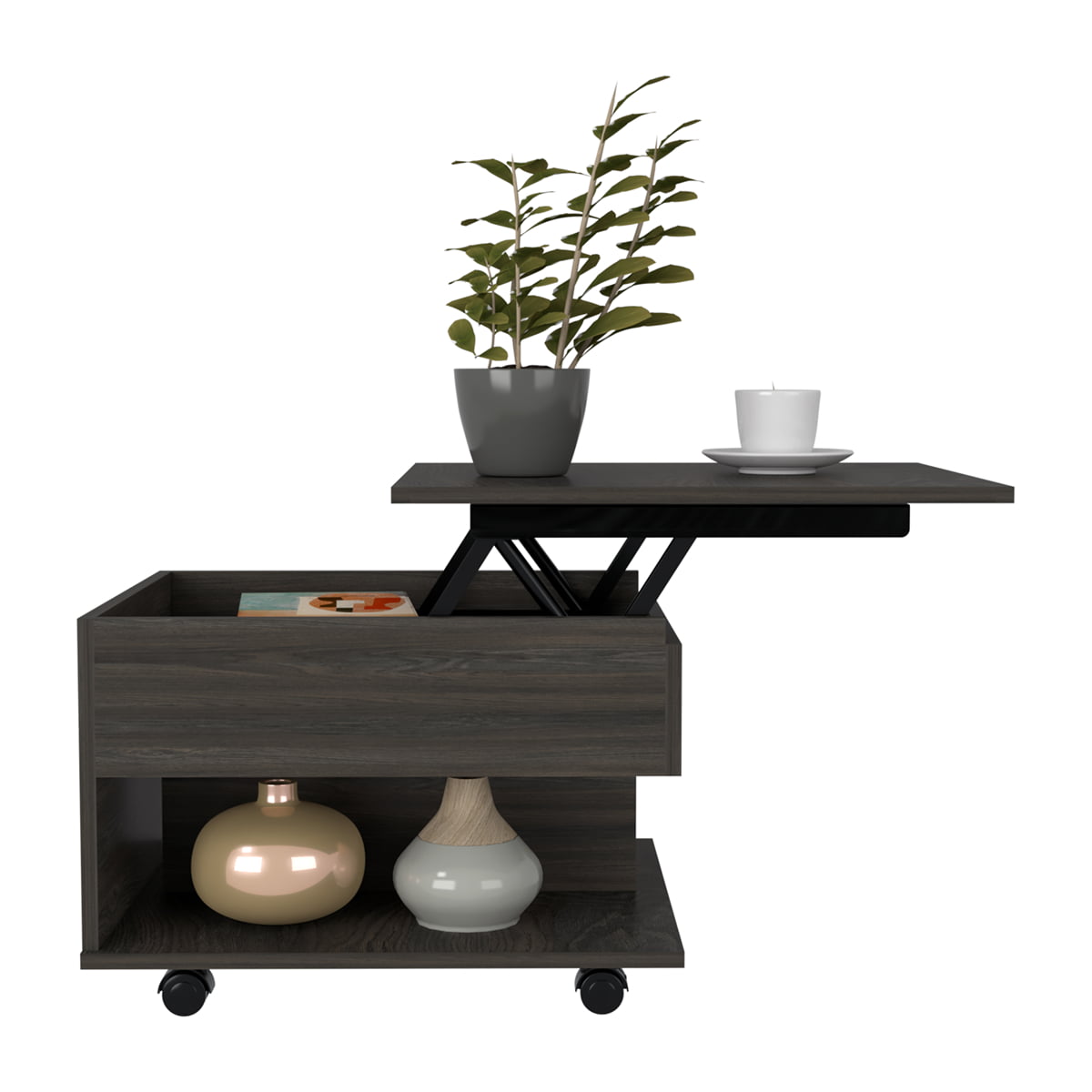 Cterwk Lift Top Coffee Table, Casters, 1 Shelf, Dark Brown