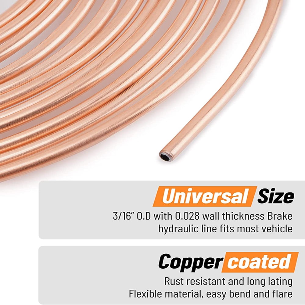 3/16 Copper Coated Car Brake Line Kit + Brake Line Double & Single Flaring Tool Kit, 25 ft