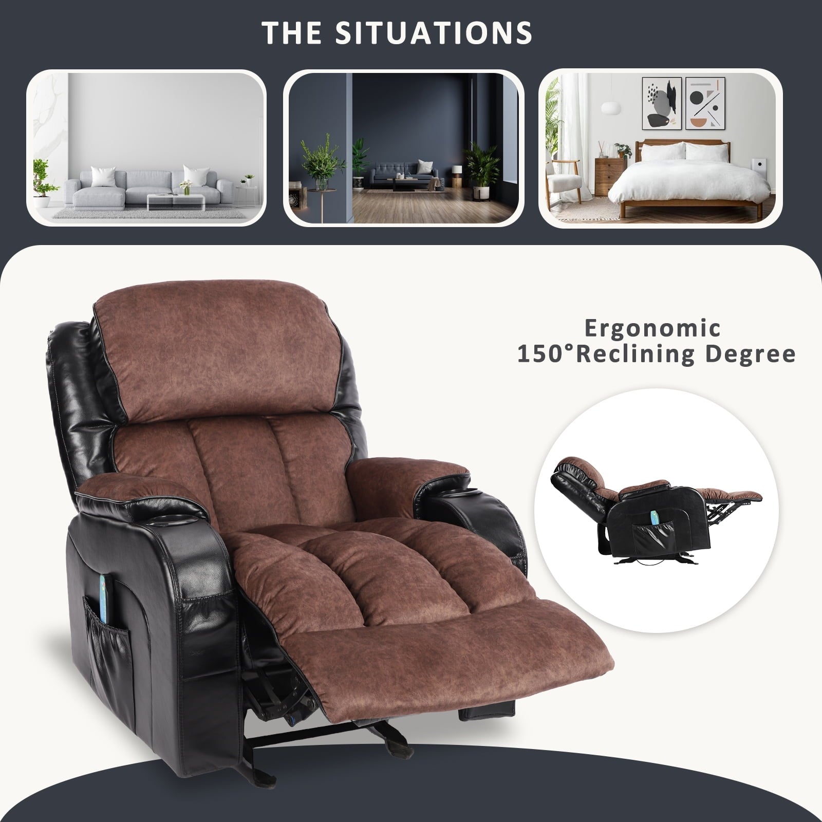Leather Massage Recliner Chair, Modern Electric Power Rocker with Heated Massage, Ergonomic Lounge Chair, SEGMART Single Sofa Seat with Drink Holders for Living Room, Black and Brown