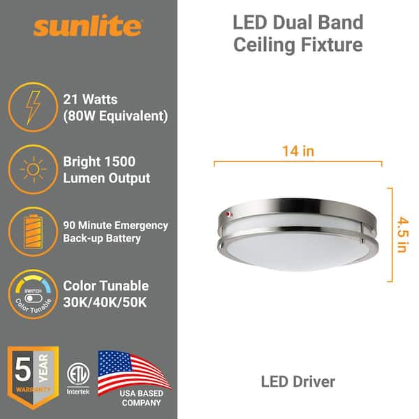 14 in. 1-Light Brushed Nickel Selectable LED Selectable CCT Round Dimmable Flush Mount with Emergency Backup Battery