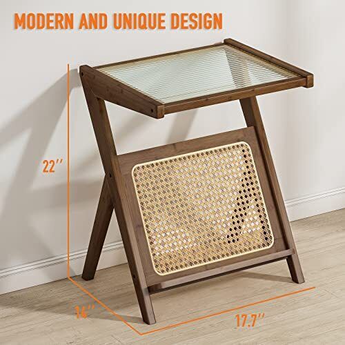 Rattan Side Table Boho NightStand Mid Century Modern End Table Glass Bedside ...