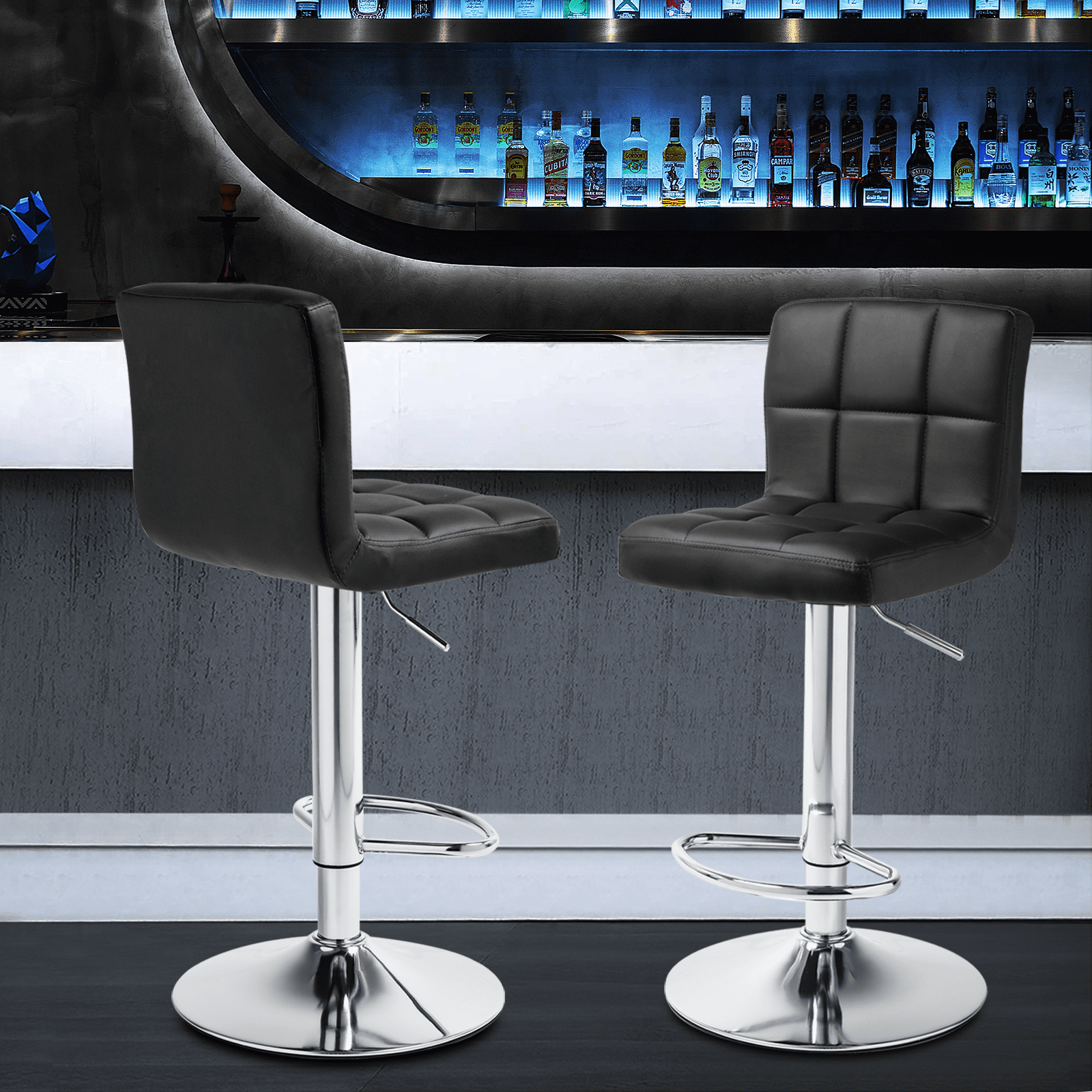 Magshion Set of 4 Faux Leather Adjustable Swivel Bar Stools with Square Back, Kitchen Counter Height Barstools Dining Chairs, Black