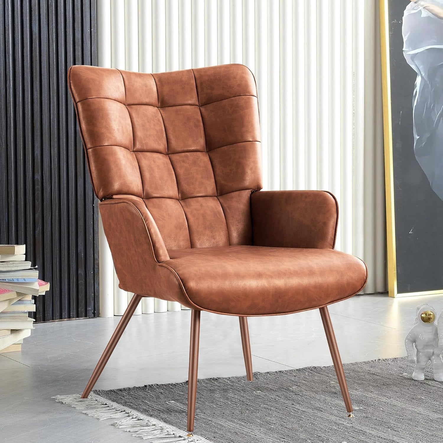 Unikome Livingroom Chairs  Mid-Century Modern Accent Chair, Faux Leather Wingback Accent Chair PU Leather Accent Chair for Home Office/Living Room/Bedroom, Brown