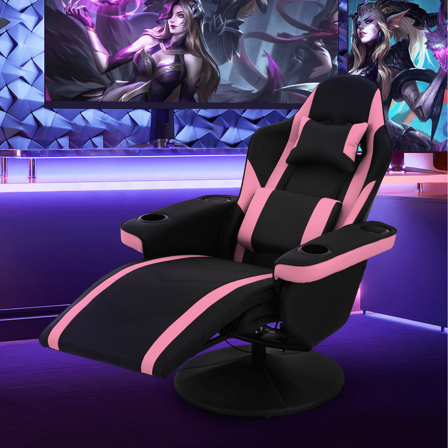 MoNiBloom Massage Video Gaming Recliner Chair, Ergonomic Computer Desk Chair with Bluetooth Speakers, High Back PU Leather Chair with Adjustable Backrest, Footrest and Lumbar Support, Pink