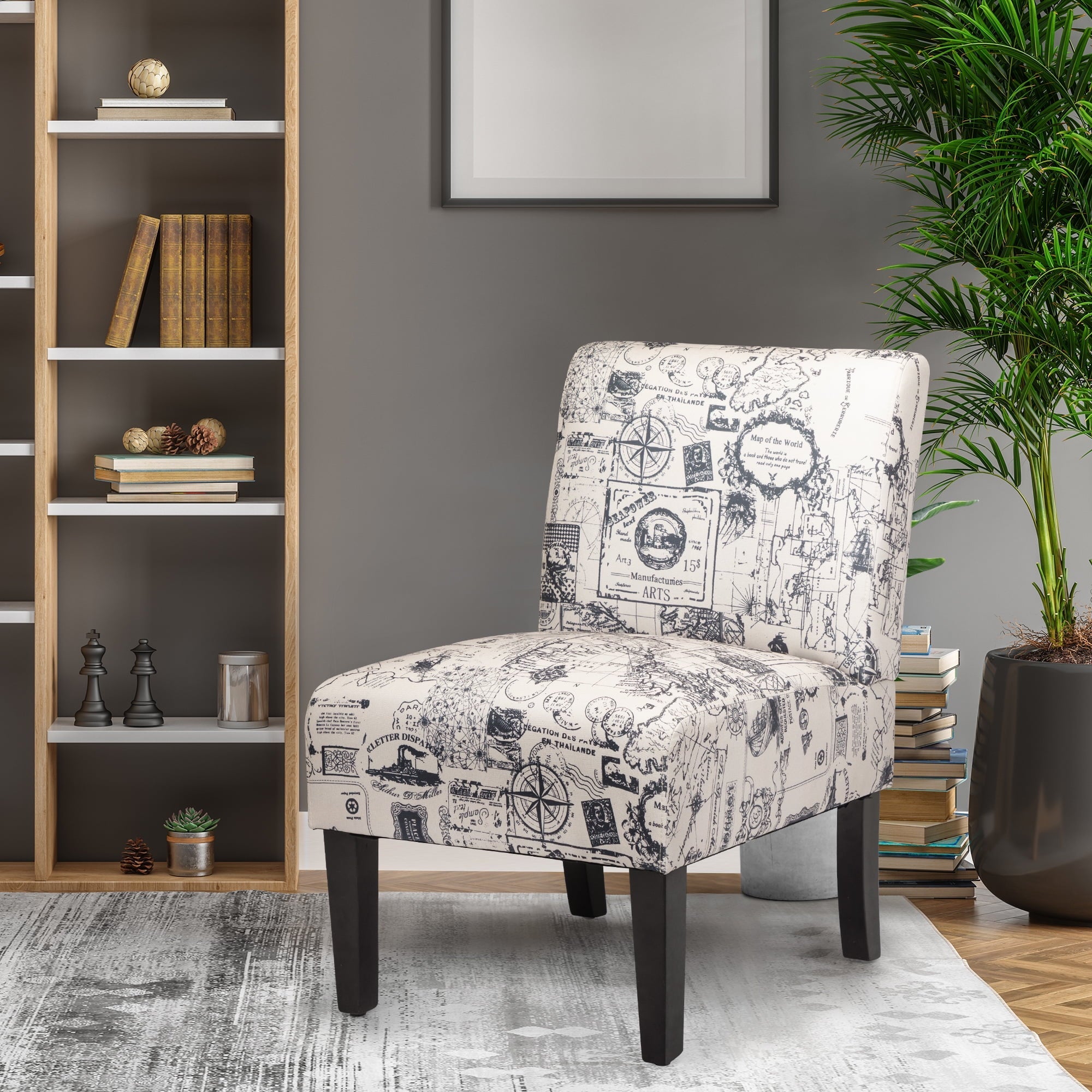 Jaxpety Armless Accent Leisure Chair, Slipper Chair Upholstered Single Sofa, Gray Letter Print