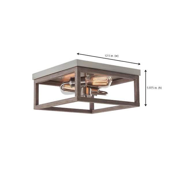 Boswell Quarter 12-1/2 in. 2-Light Brushed Nickel Farmhouse Flush Mount with Painted Weathered Gray Wood Accents