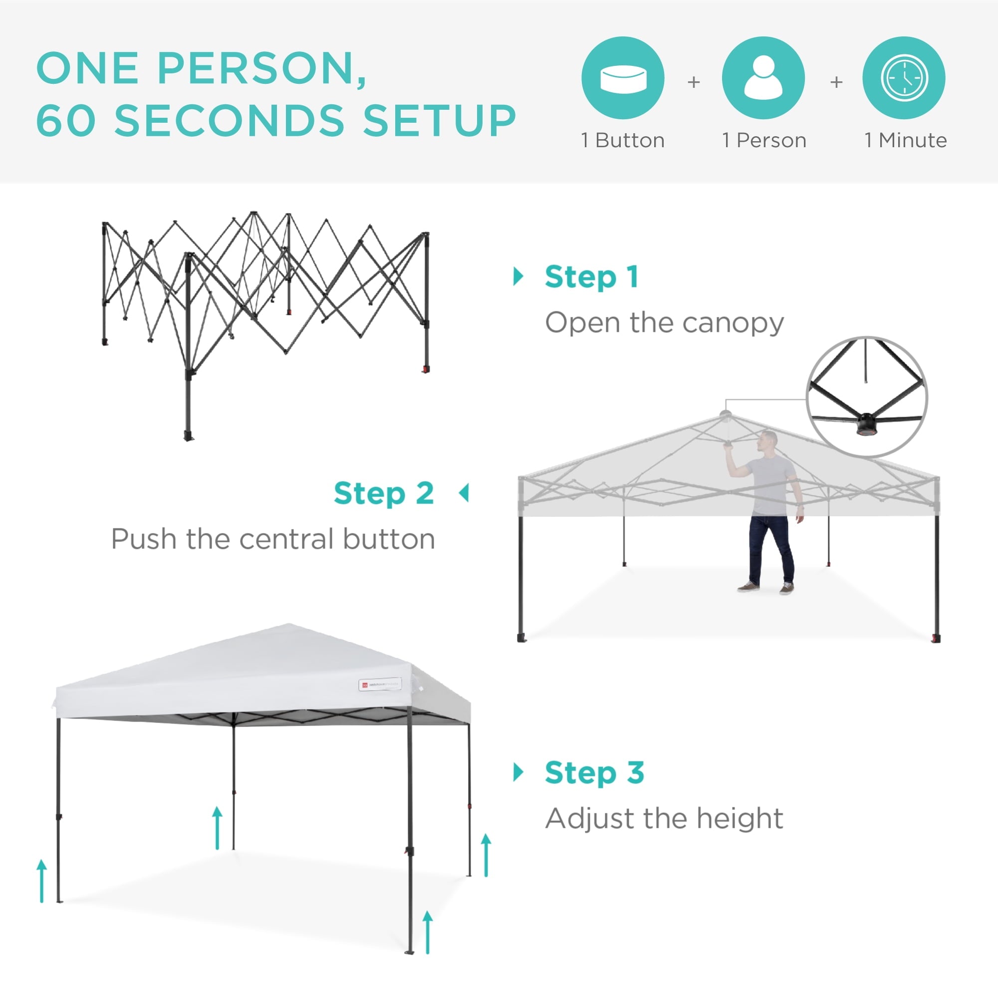 Best Choice Products 10x10ft Easy Setup Pop Up Canopy Instant Portable Tent w/ 1-Button Push, Carry Case - White