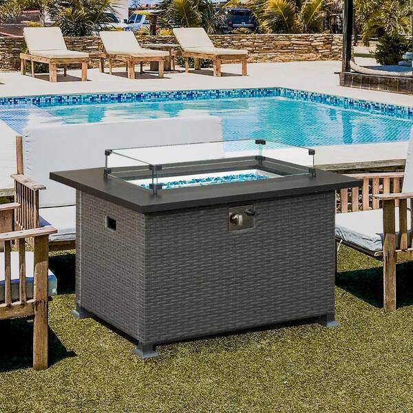 Dark Gray Rectangle Steel 43.31 in. 50000 BTU Propane Fire Pit Table with Glass Wind Guard and ETL-Certified