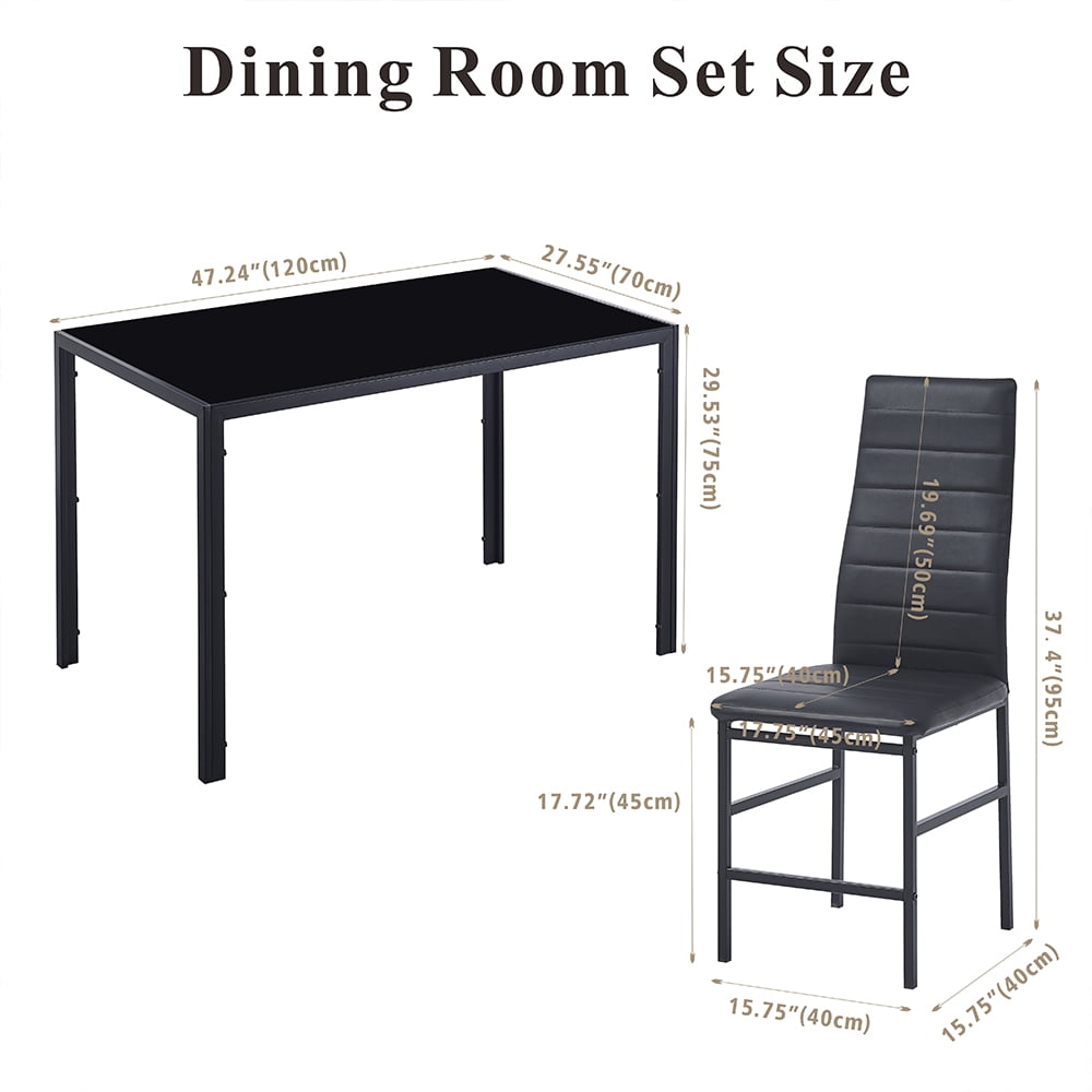 Dining Table Set for 4, 5 Piece Kitchen Table and Chairs with Black Tempered Glass Table Top and 4 Black Faux Leather Metal Frame Chairs,47.2