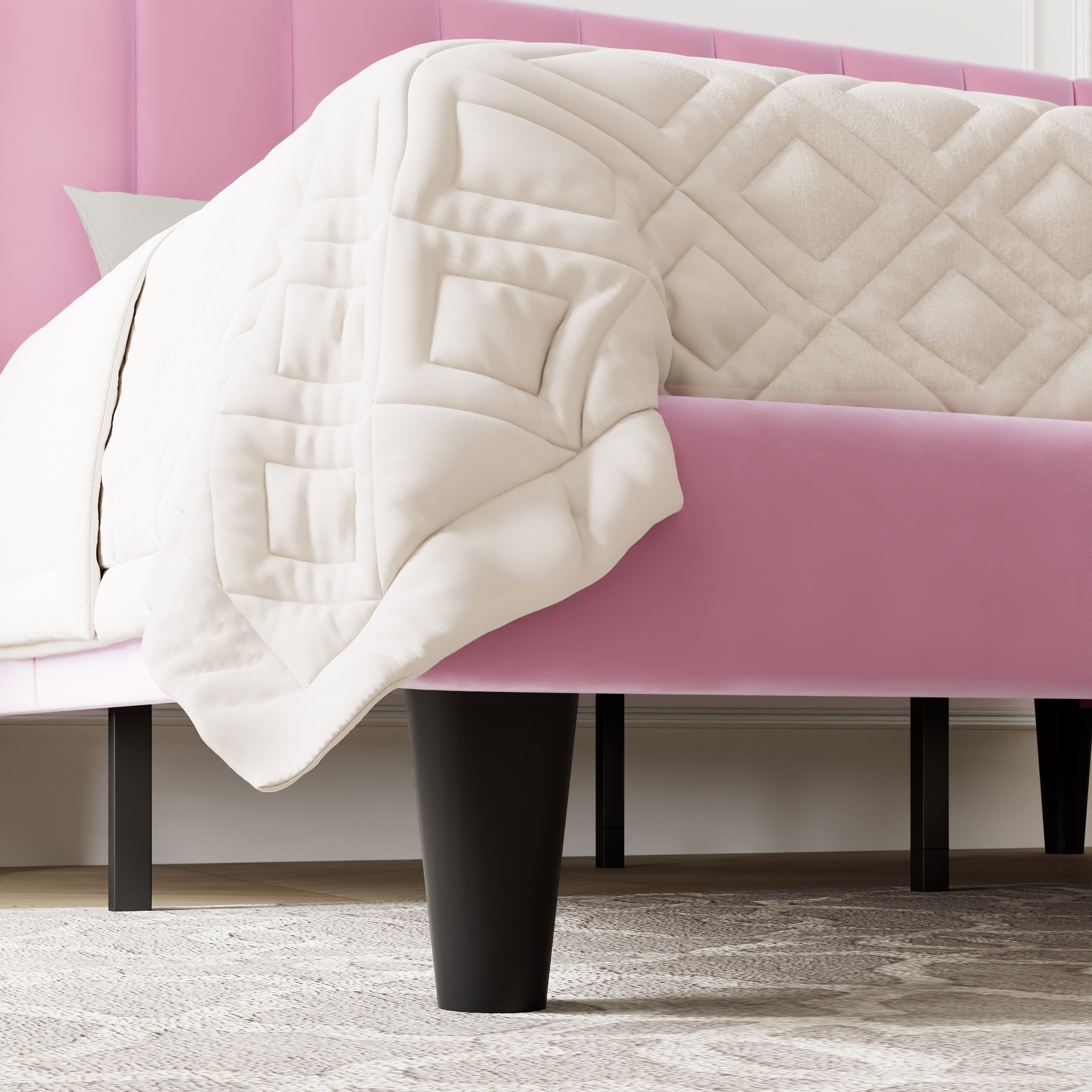 Allewie Queen Velvet Upholstered Bed Frame with Vertical Channel Tufted Headboard, Light Pink