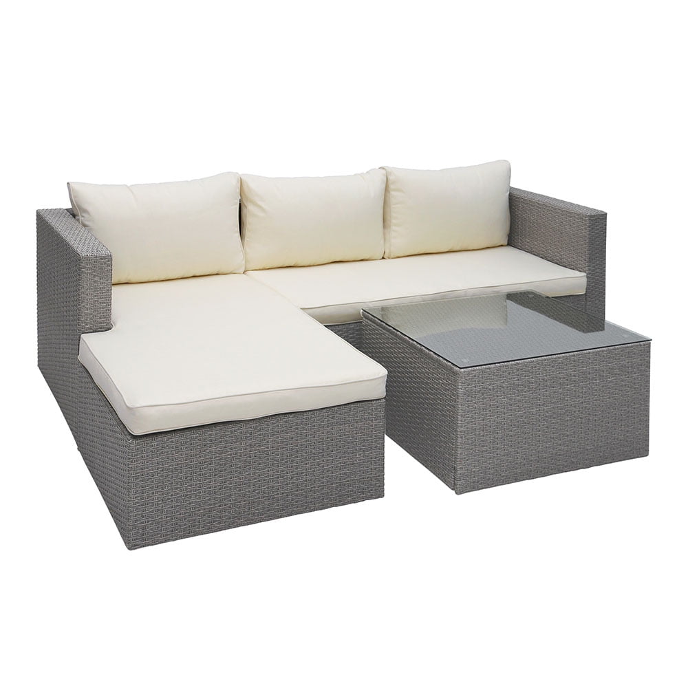 Abble 3 Piece Wicker Sectional Conversation Set with Cushions - Grey