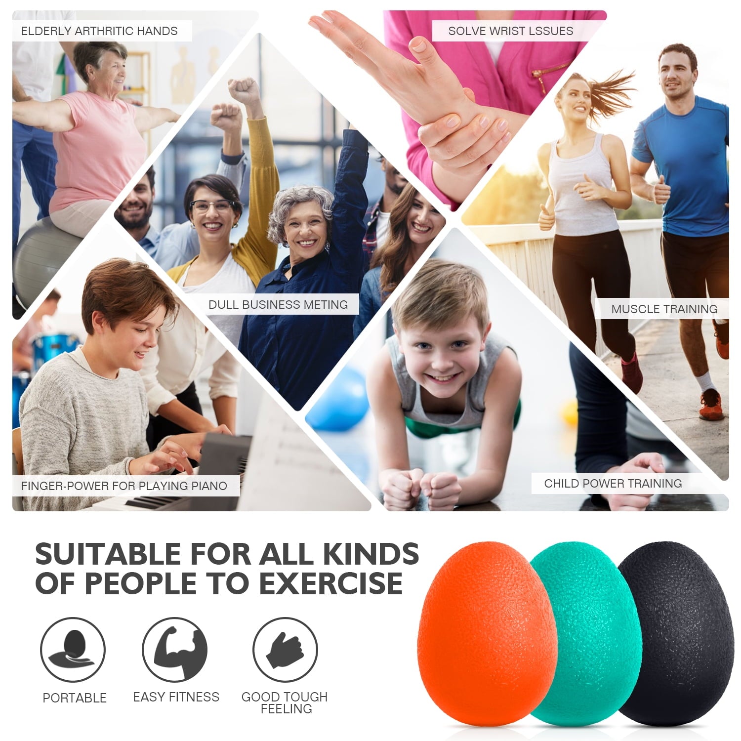 Peradix Hand Grip Strengthener, Stress Relief Ball for Adults and Kids, Wrist Rehab Therapy Hand Grip Equipment Ball Squishy Tools - Set of 3 Finger Resistance Exercise Squeezer