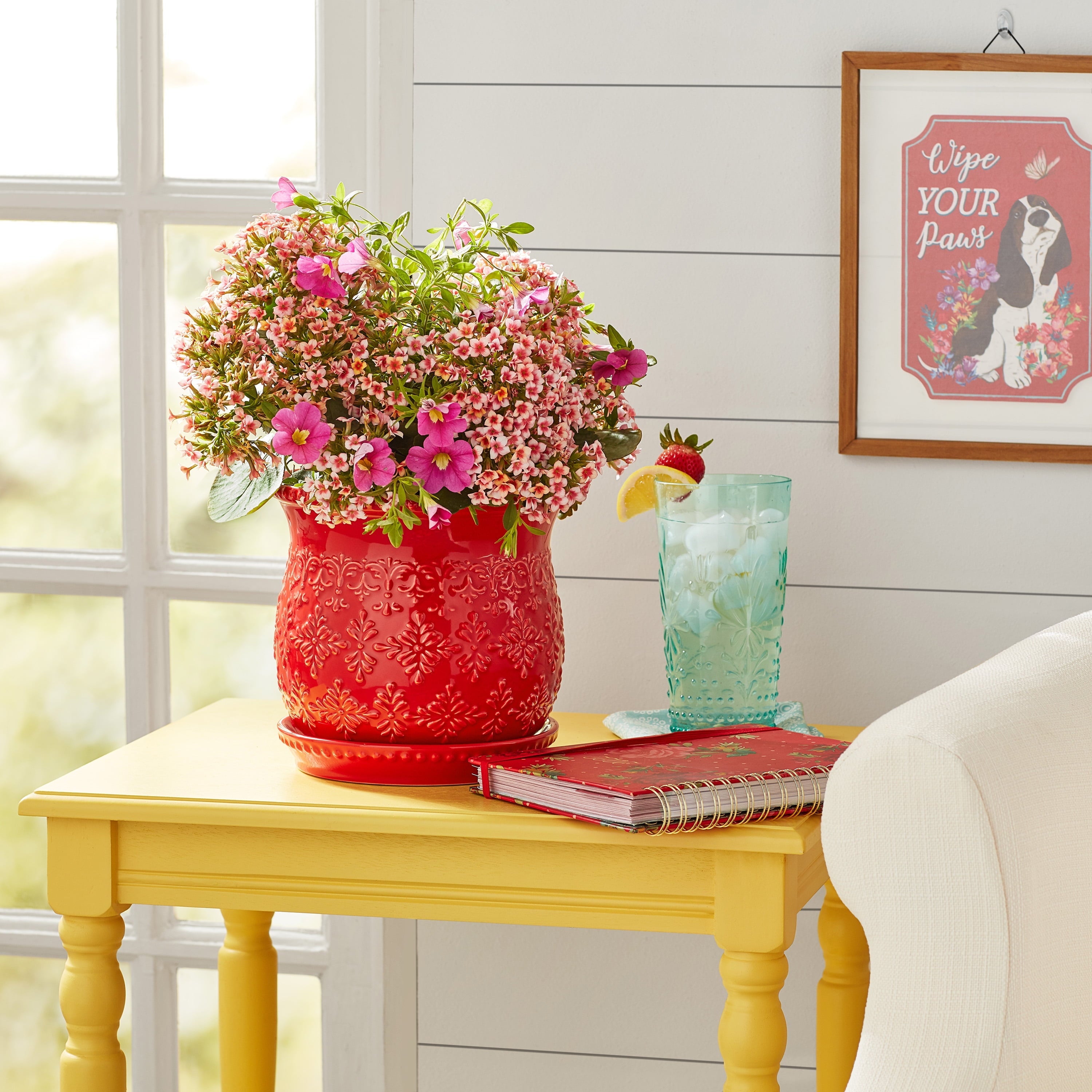 The Pioneer Woman Embossed Timeless Geo Red Planter 8 inch, Stoneware