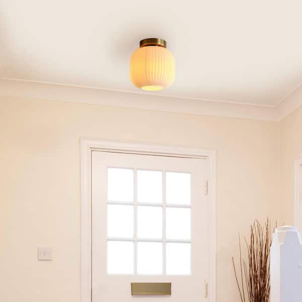 8 in. 1-Light Matte Brass Flush Mount Ceiling Light with Frosted Ribbed Glass Shade