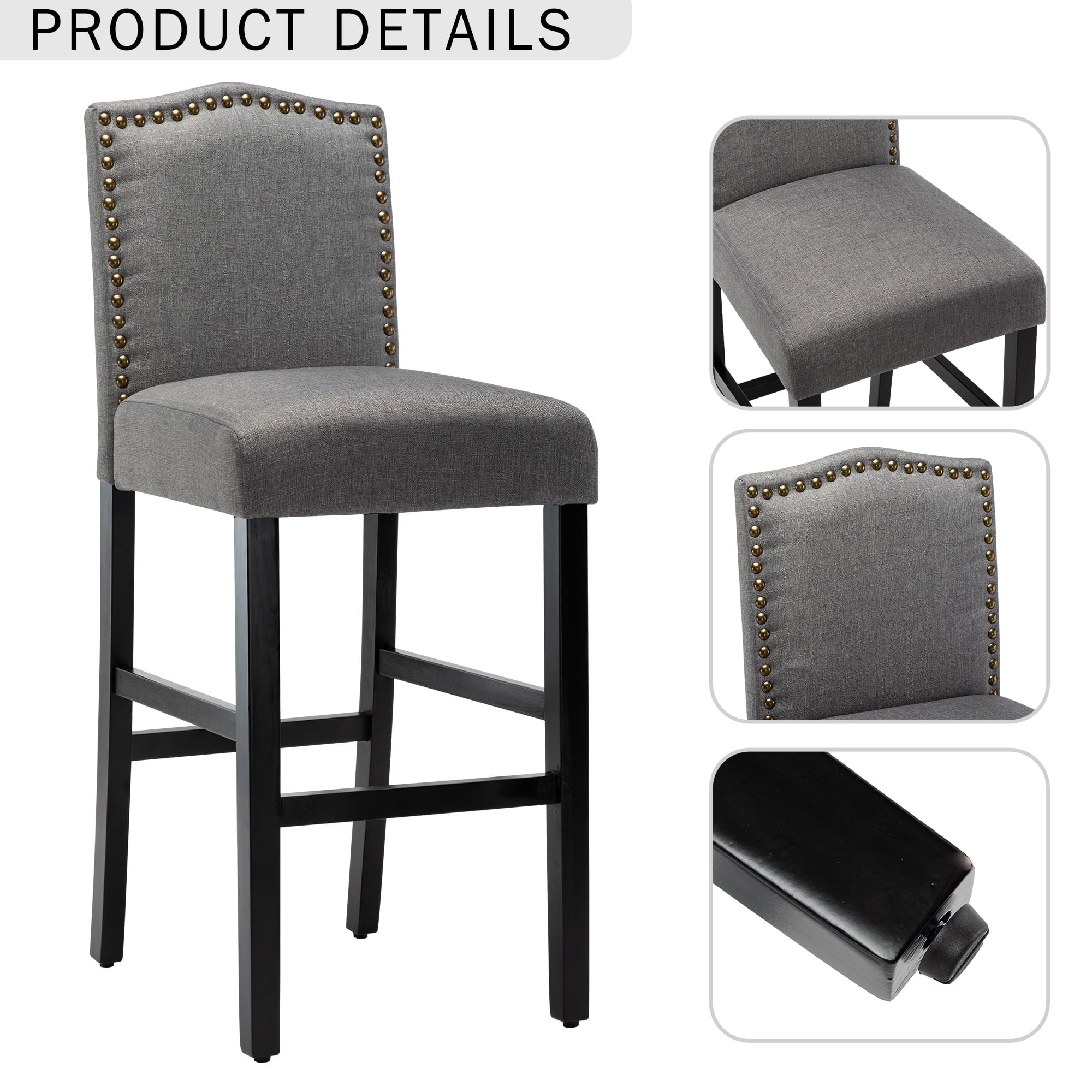 Modern Bar Height Classic Fabric Upholstered Bar stools with Nail Head, Gray, Set of 2