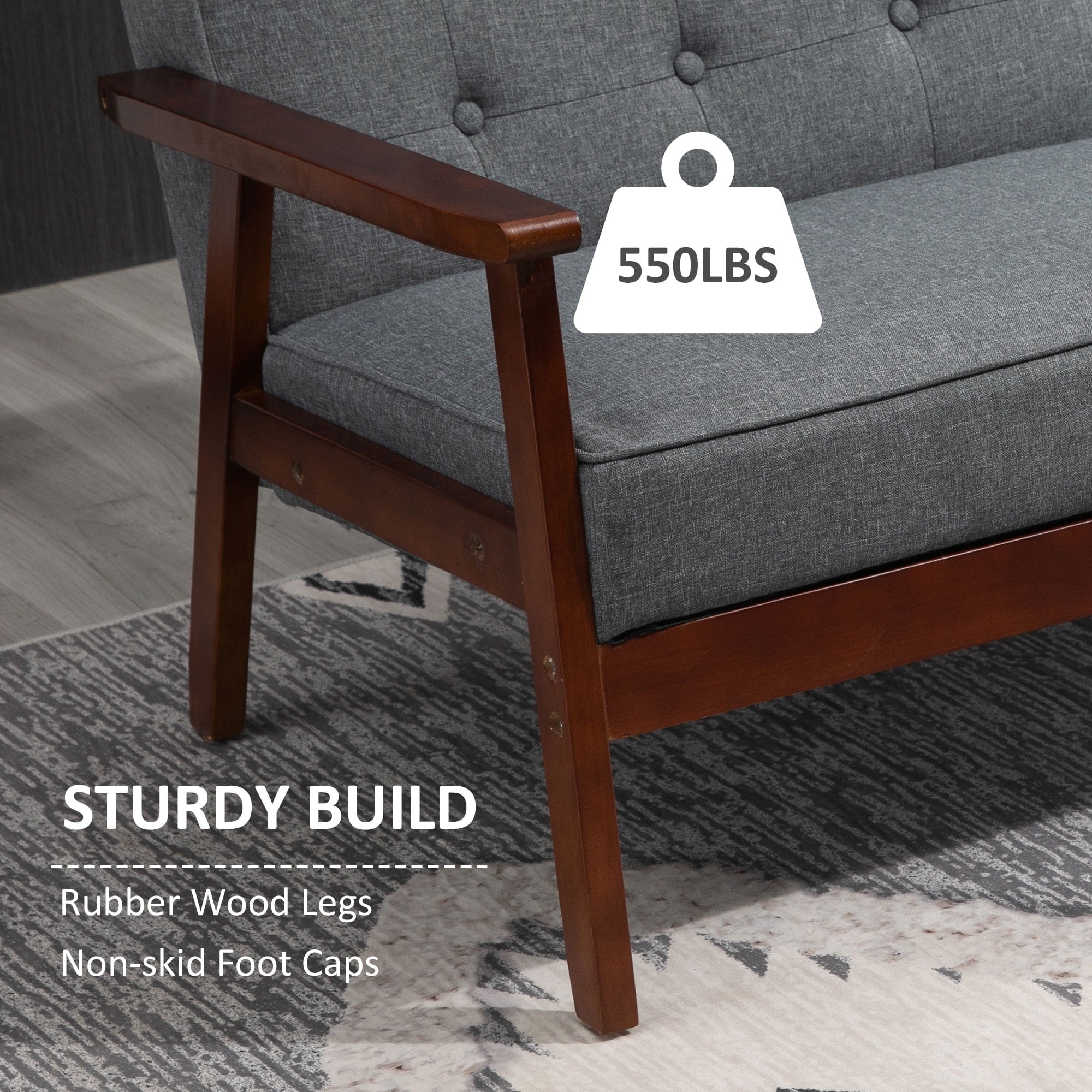 HOMCOM Modern Upholstered 2-Seat Loveseat Sofa with Linen-Touch Fabric and Rubberwood Legs, Grey