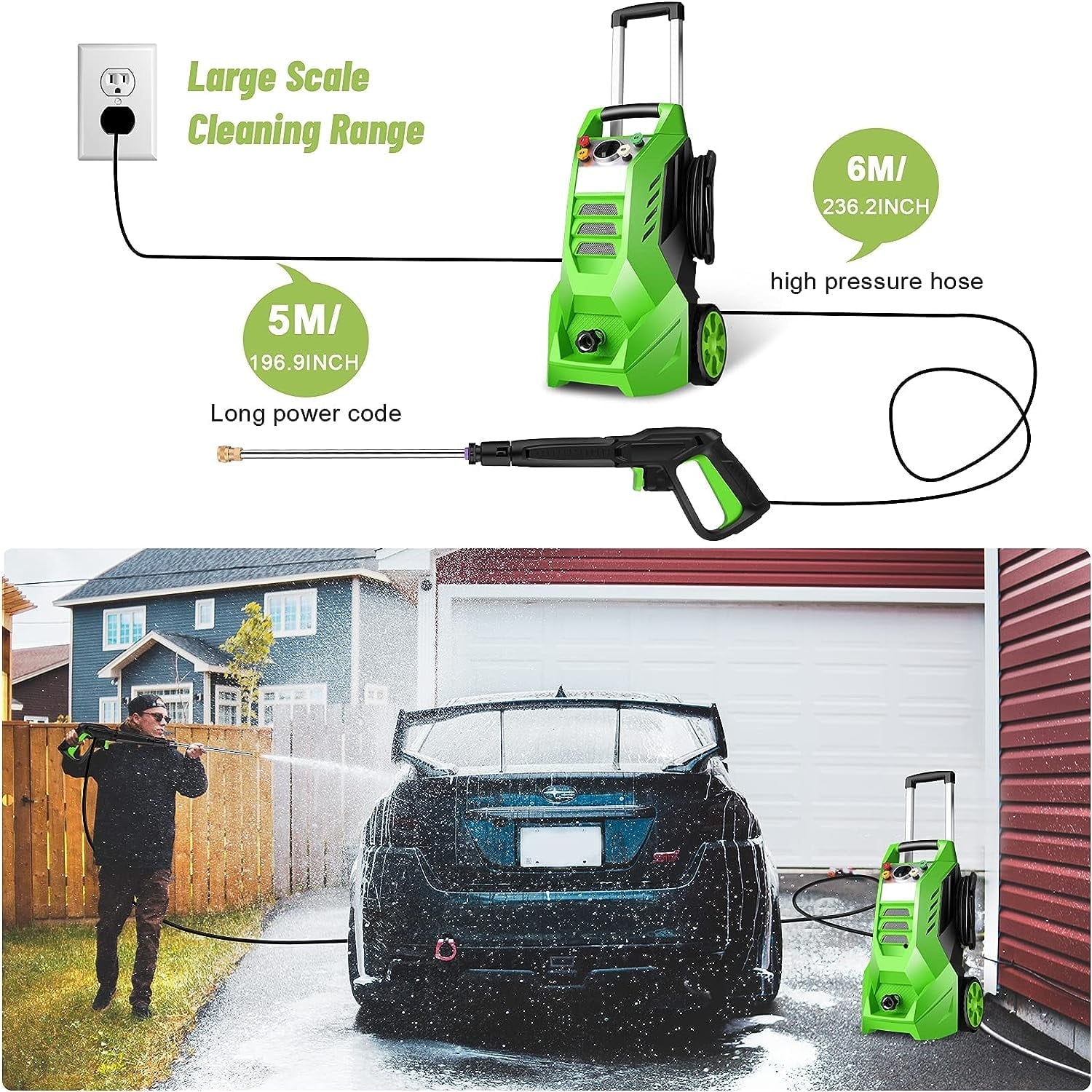 2.7GPM Electric Pressure Washer Power Washer 1800W High Pressure Washer Cleaner Machine with 4 Changeable Nozzle & Hose Reel, Best for Cleaning Patio, Garden,Yard (Green)