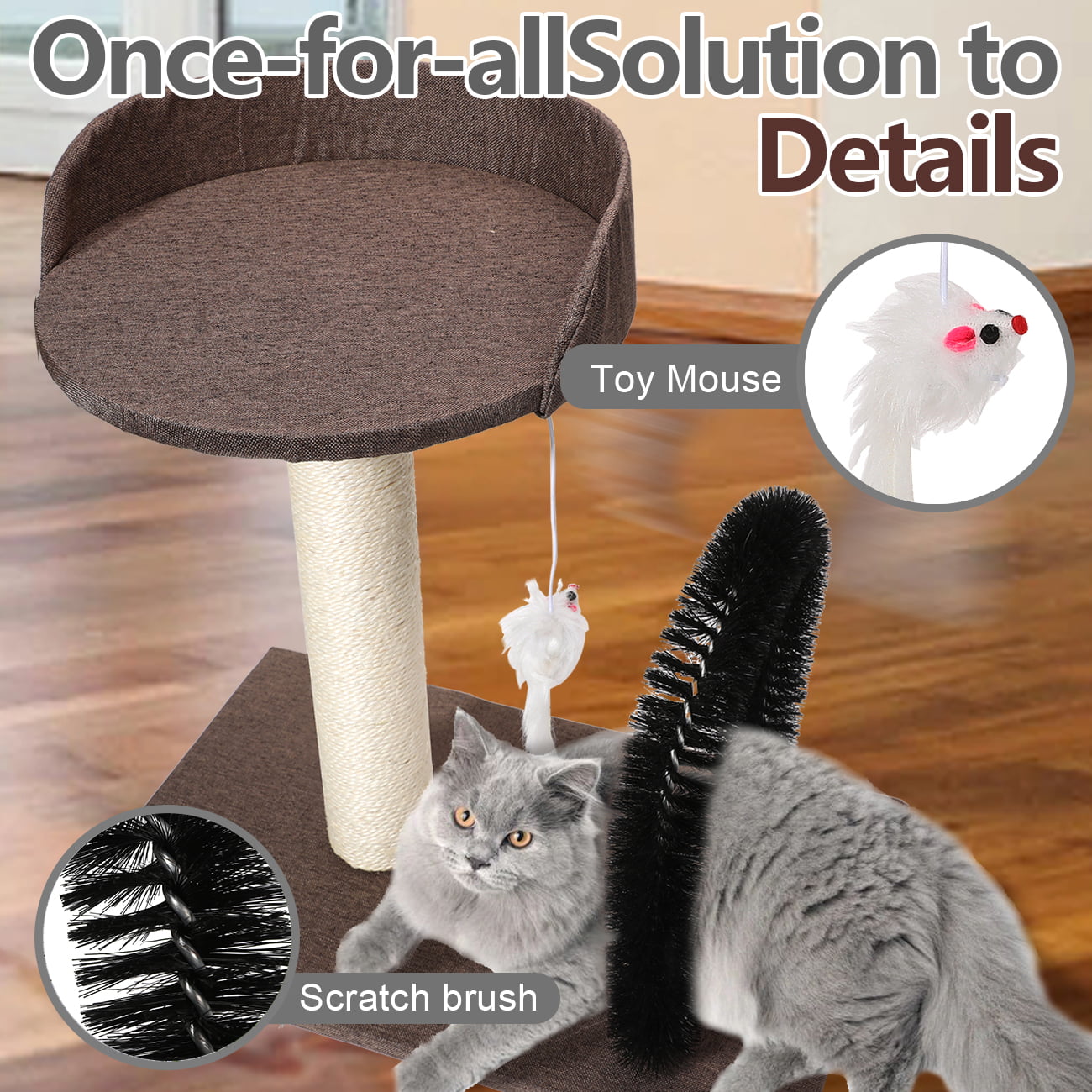 YOYTOO Cat Scratching Post with Cat Self Groomer Arch, Sisal Cat Scratcher Pole with Perch for Small Medium Cats