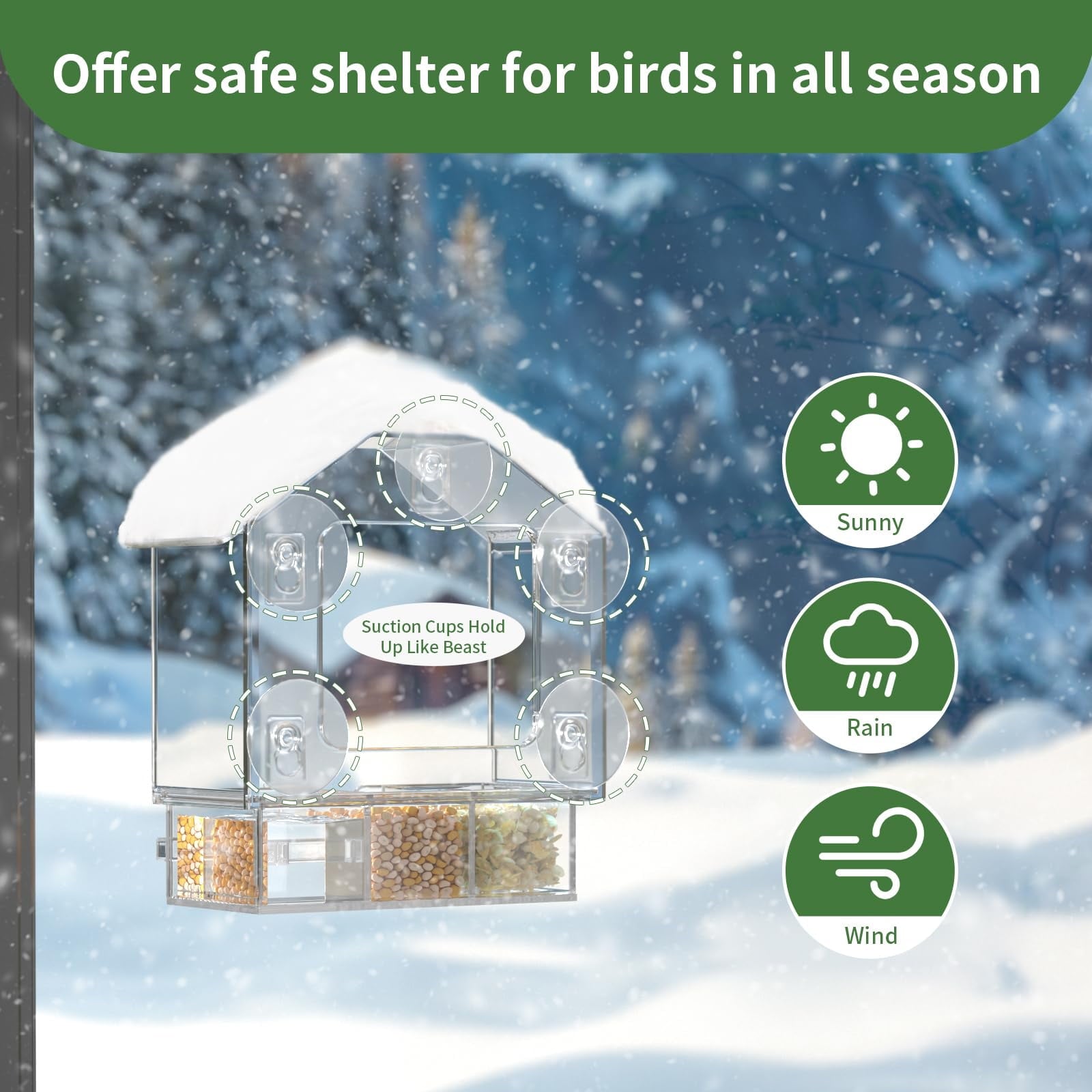 NIUBEE Window Hummingbird Feeder with 5 Strong Suction Cups, Clear Acrylic Bird Feeder for Outside- Slide Removable Tray, Bird Feeders Window Mount for Cat, Kid, Elderly Viewing Cardinal, Wild Birds