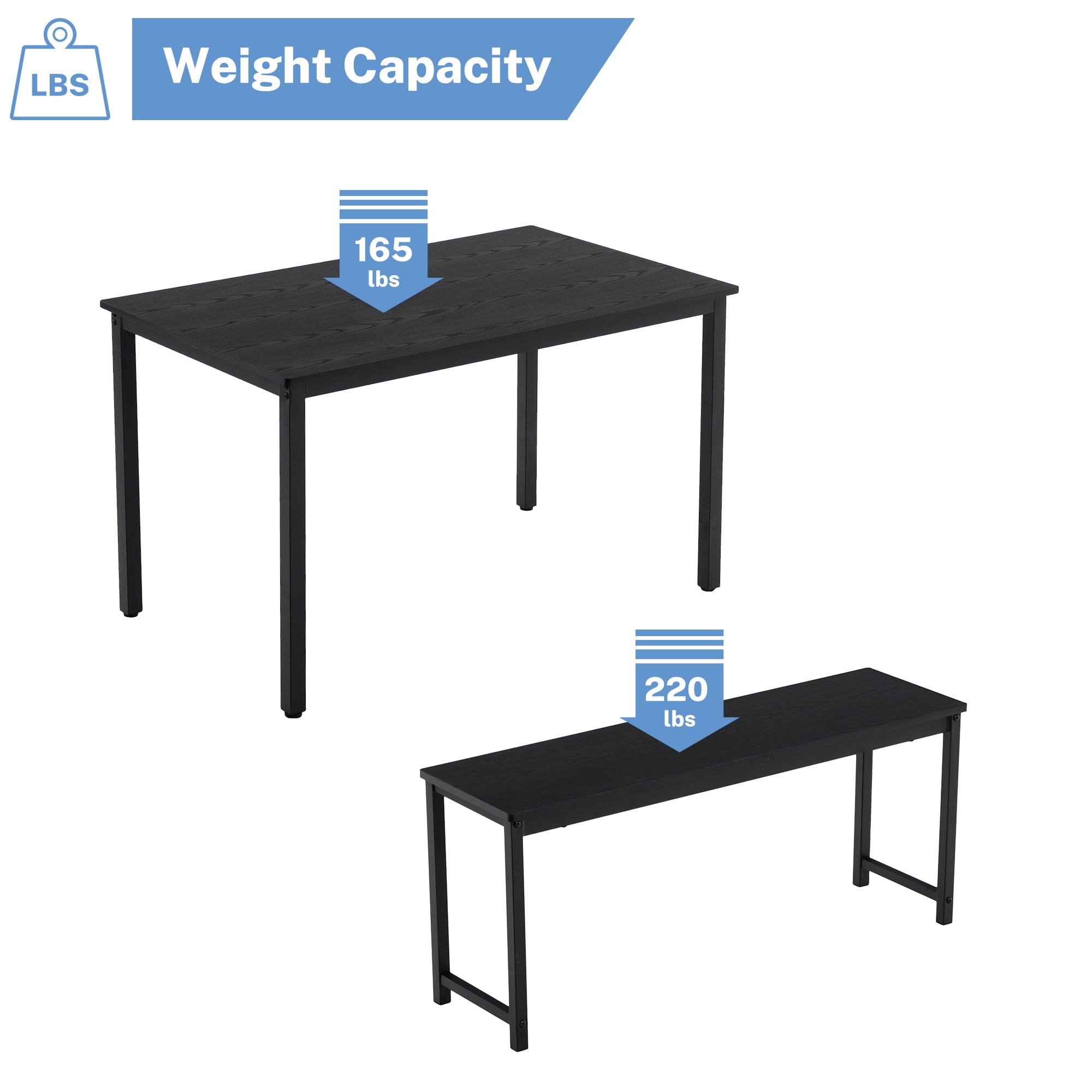 BTMWAY Dining Room Table Set for 4, 3 Piece Wooden Dining Table Set with Metal Frame, Industrial Style Dinette Set with 2 Benches, Dinner Table Set for Kitchen Breakfast Nook, Black