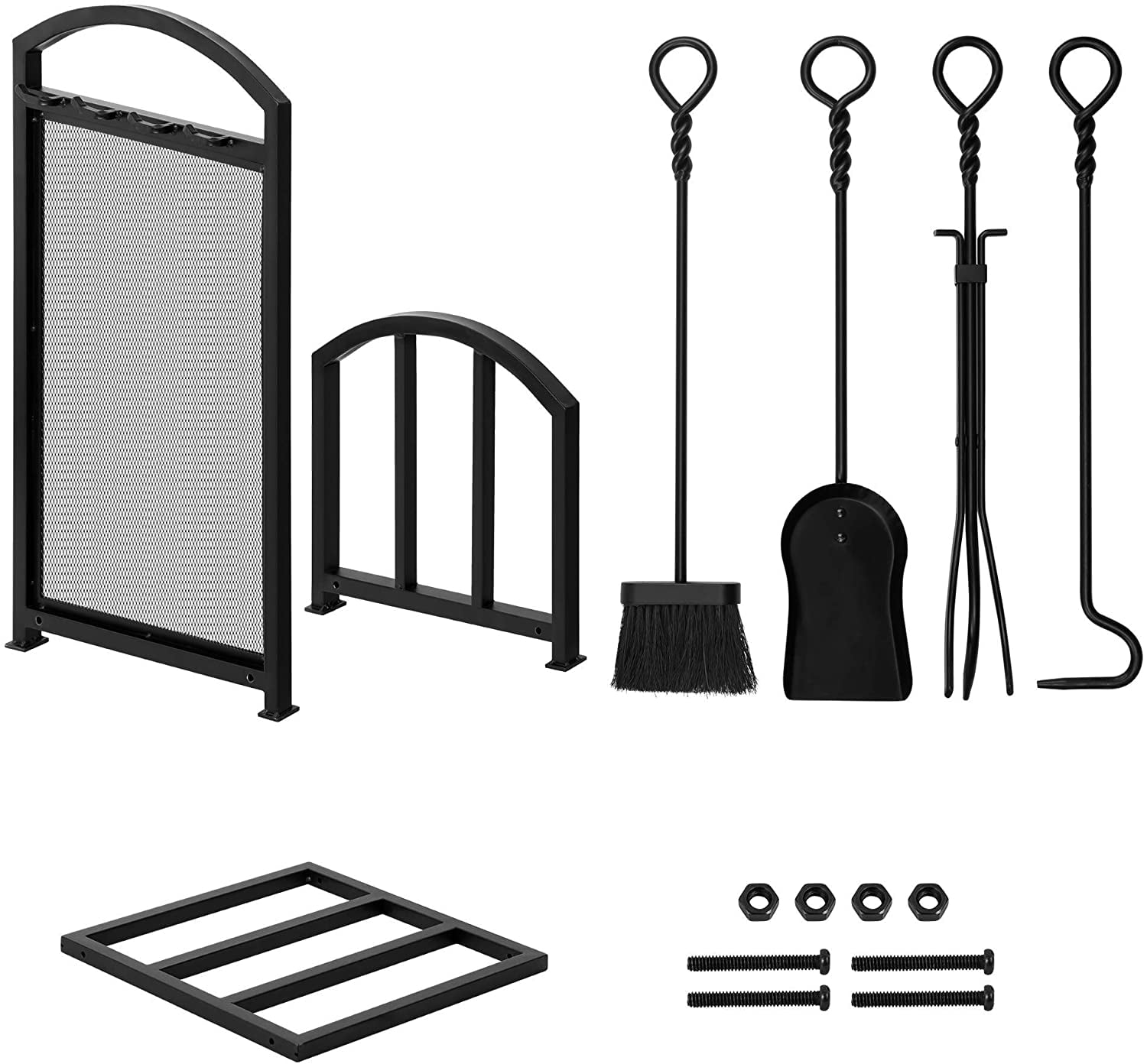 Amagabeli 30.7in Tall Firewood Rack with 4 Fireplace Tools Indoor Outdoor Firewood Holders Wood Holder Rack Lumber Storage Stacking Heavy Duty Wrought Iron Log Bin Holder Large Tool Set Accessories