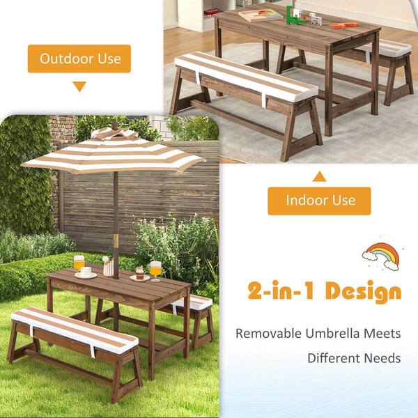 35 in. Brown Rectangle Fir Wood Kids Picnic Table and Chairs with Cushions and Height Adjustable Umbrella