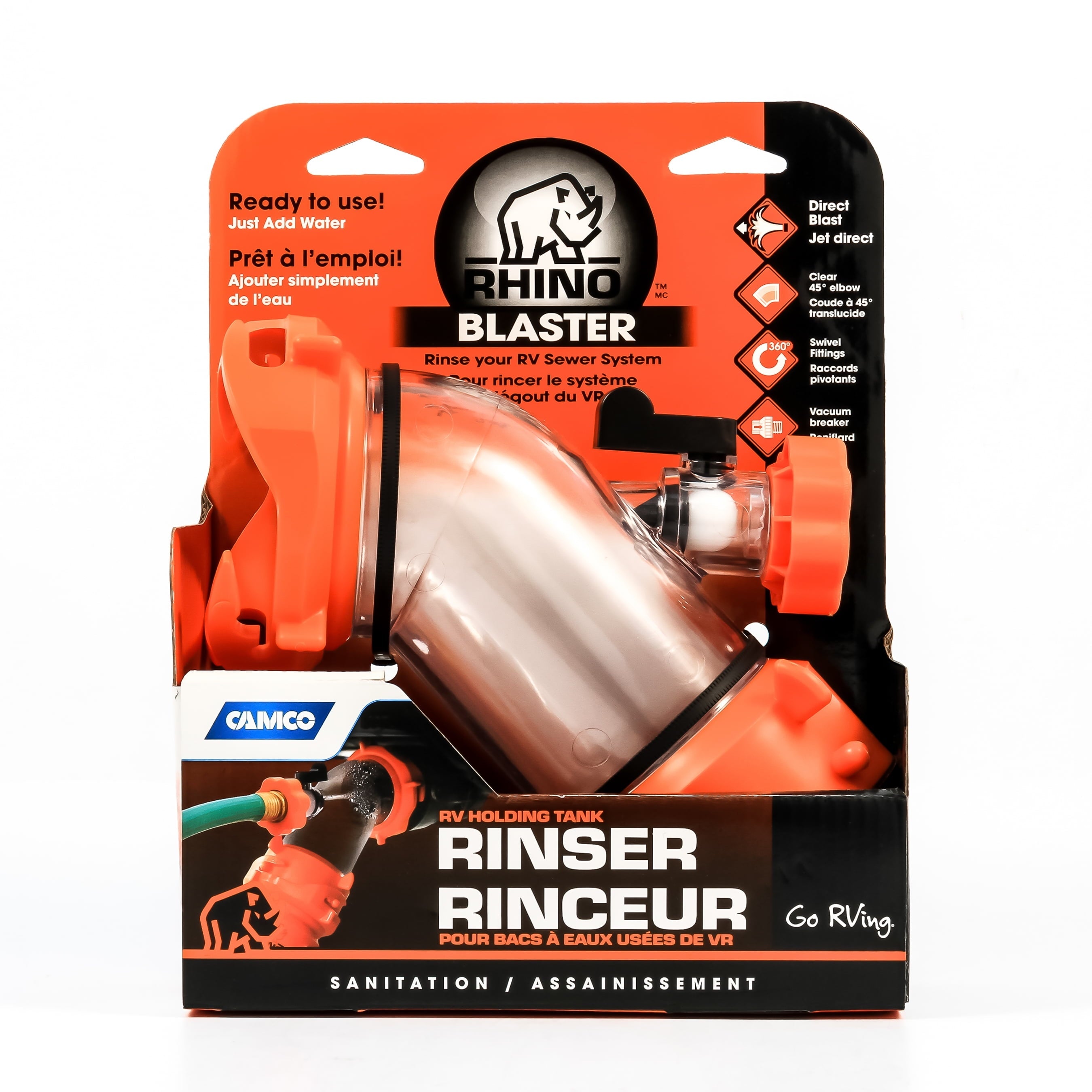 Camco Rhino Blaster RV Tank Rinser | Features a Transparent 45-Degree Angled Elbow to let Water Blast Directly into the Outlet and a Vacuum Breaker to Prevent Backflow into the Water Hose (39082)