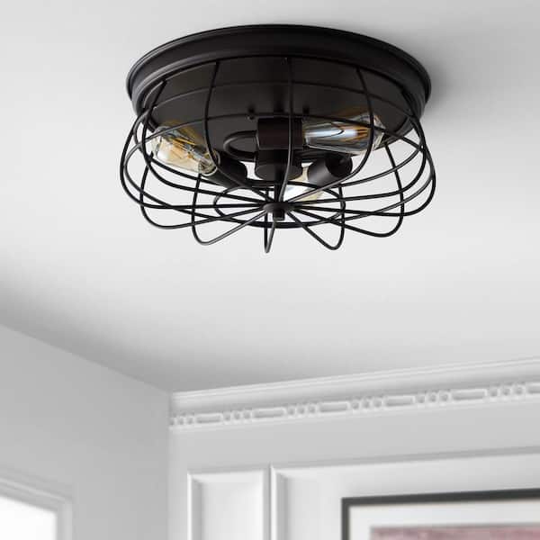 Calvia 15.7 in. 3-Light Farmhouse Metal Cage Flush Mount, Oil Rubbed Bronze