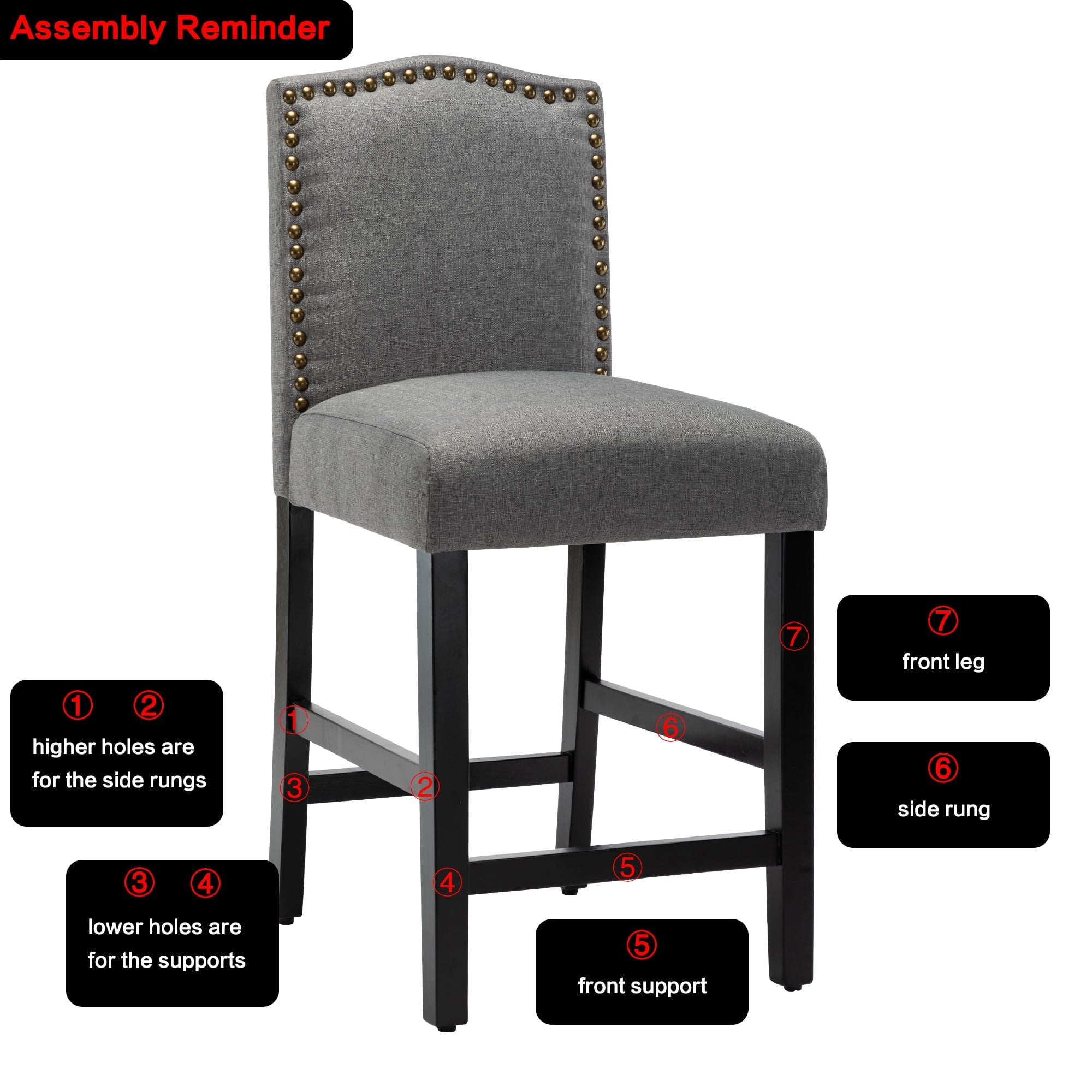 Wooden Counter Height Fabric Upholstered Bar Stool with Nail Head Trim, Gray, Set of 2