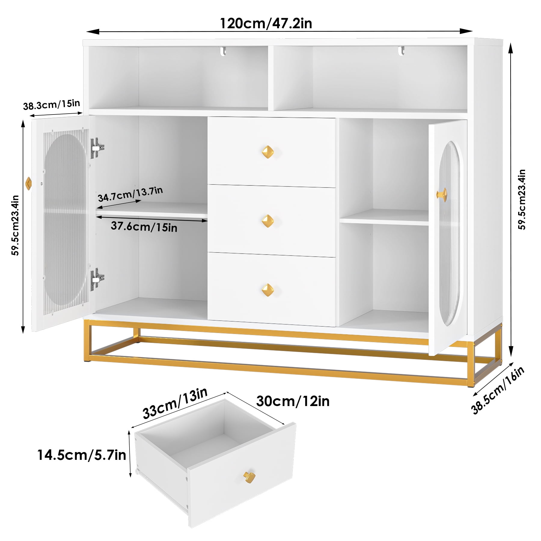 Homfa 47.2'' Sideboard Storage Cabinet, 3 Drawers Buffet Cabinet with Glass Doors for Kitchen Dining Room, White