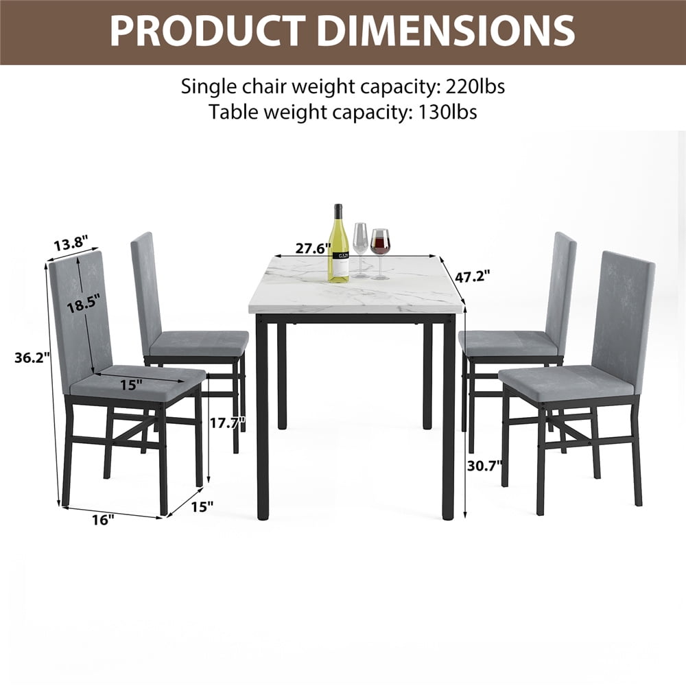 5 Piece Dining Room Table Set, Modern Dining Table Sets with Gray Velvet Upholstered Chairs for 4, Faux Marble Pattern Rectangle Kitchen Table Set for Bar Living RoomBreakfast NookSmall Space, L802