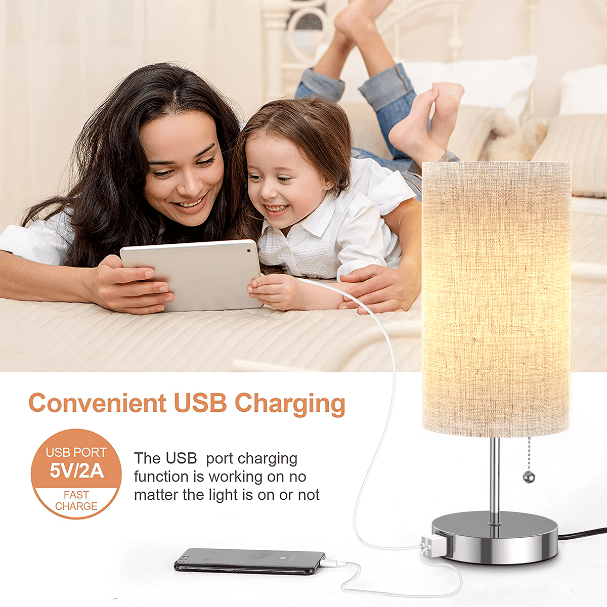 Table Lamp with 2 USB Charging Ports and Fabric Linen Lampshade Silver Base for Living Room, Dorm, Home Office