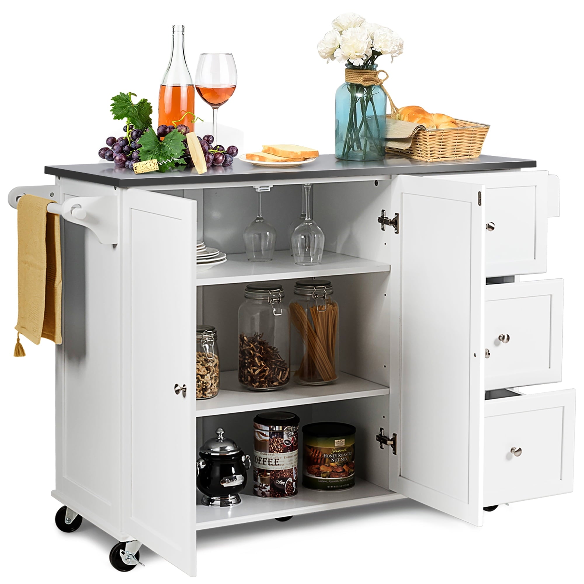 Costway Kitchen Island 2-Door Storage Cabinet Stainless Steel Top w/Drawers White