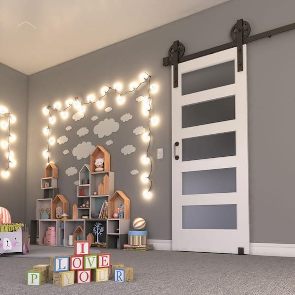 32 in. x 84 in. 5 Frosted Glass Solid Core White Finished Interior Barn Door Slab