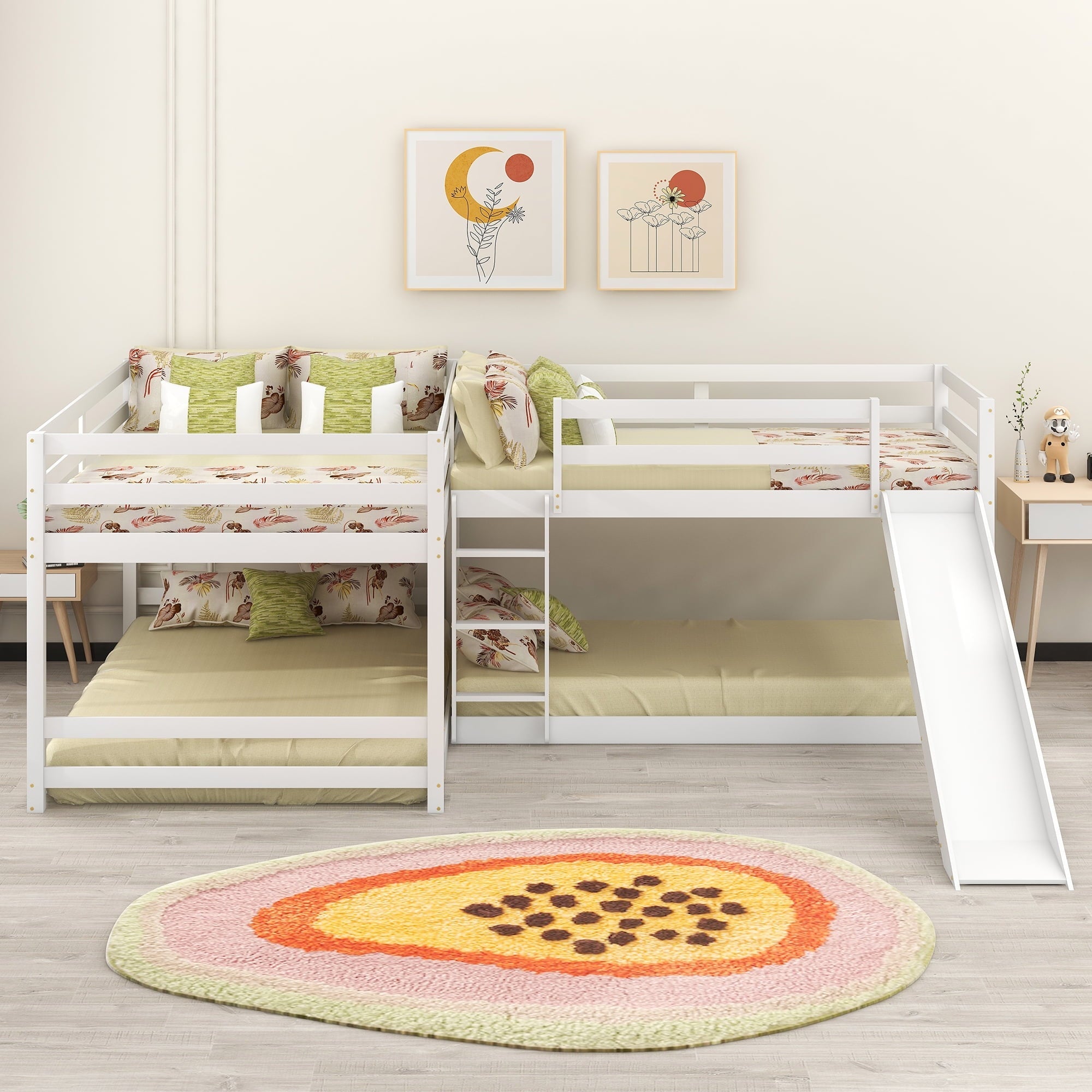 EUROCO Wood Twin Bunk and Full Bunk Beds, Quadruple Bed for Kids, White