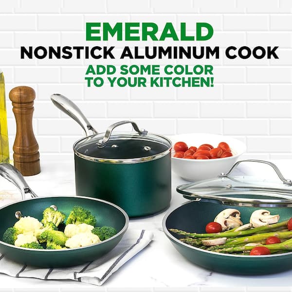 Emerald Green 5-Piece Aluminum Ultra-Durable Non-Stick Diamond Infused Cookware Set with Glass Lids
