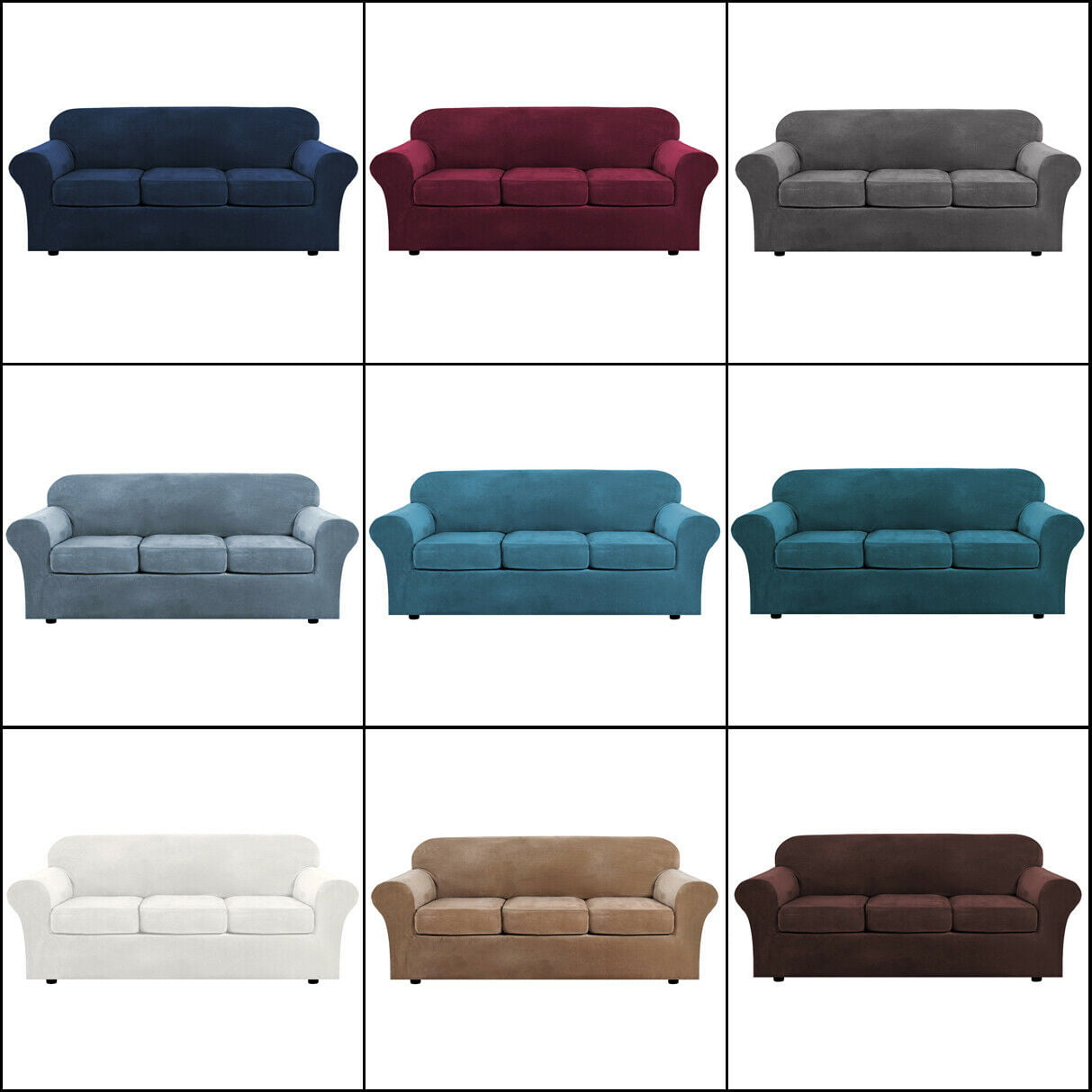 Topchances Velvet Plush 4 Piece Stretch Sofa Covers Couch Covers for 3 Cushion Couch 3 Seater Covers (Base Cover Plus 3 Individual Cushion Covers) Feature Thick Soft Stay in Place