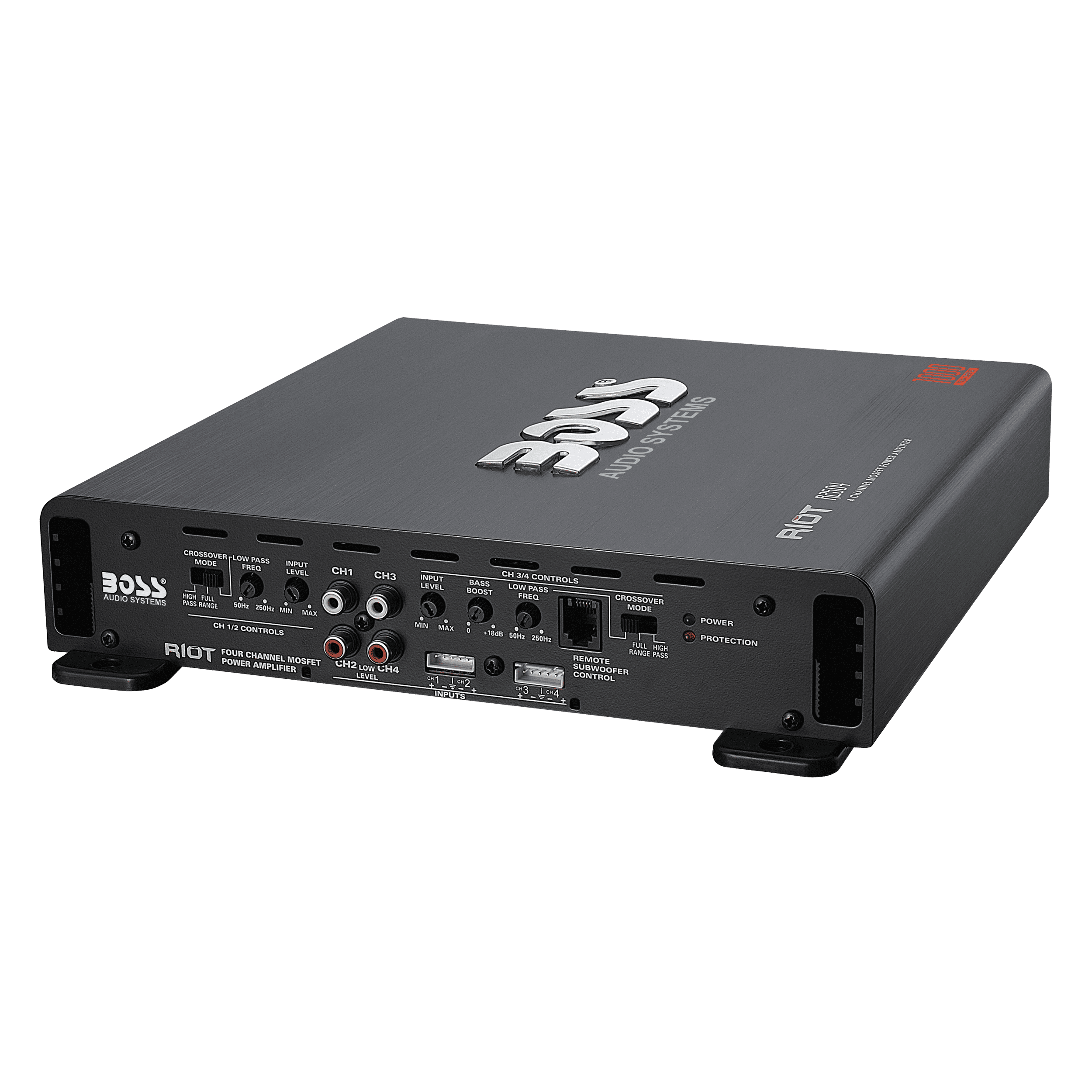 BOSS Audio Systems R2504 Riot Series Car Audio Amplifier - 1000 High Output, 4 Channel, Class A/B, 2/4 Ohm, High/Low Level Inputs, High/Low Pass Crossover, Bridgeable, Full Range